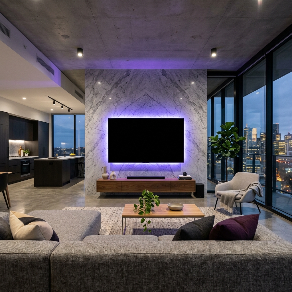 Luxury living room with mounted TV